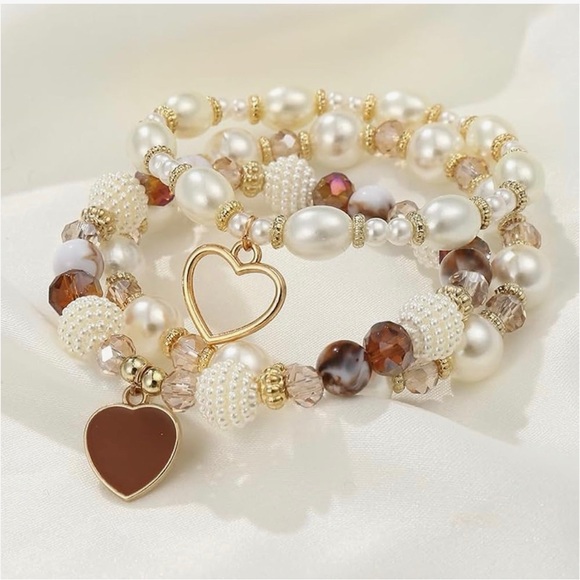 Boho Pearl & Crystal Heart Charm Bracelet Stack (5 Pieces) - Picture 4 of 6